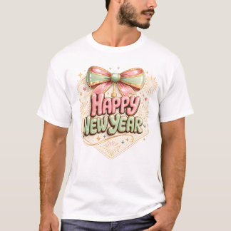 Happy New Year Pastel Bow Cute Festive Holiday T-Shirt