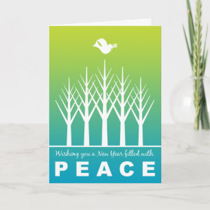 Happy New Year Peace Dove Winter Trees Green Blue Holiday Card