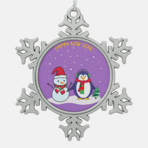 Happy New Year penguin, snowman Snowflake Pewter Christmas Ornament