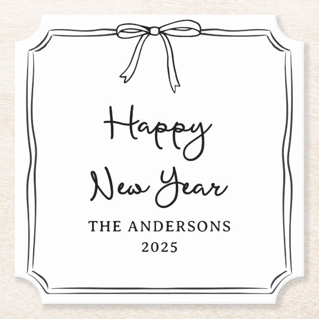 Happy New Year! Personalised Black & White Bow Paper Coaster (Front)