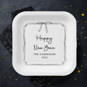 Happy New Year! Personalised Black & White Bow Paper Plate