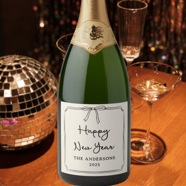 Happy New Year! Personalised Black & White Bow Sparkling Wine Label (Creator Uploaded)