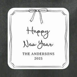 Happy New Year! Personalised Black & White Bow Square Sticker