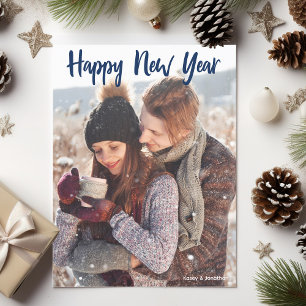 Happy New Year Photo Blue Script Modern Holiday Postcard