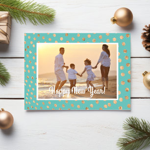 Happy New Year Photo Card Tropical Teal Gold Dots