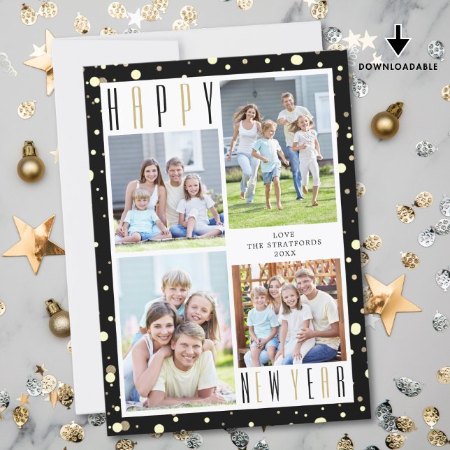 HAPPY NEW YEAR Photo Collage Black Gold Confetti Holiday Card (Creator Uploaded)