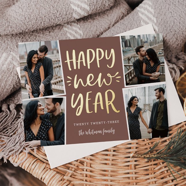 Happy New Year Photo Collage Foil Holiday Card (Creator Uploaded)