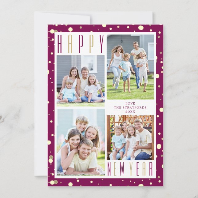 HAPPY NEW YEAR Photo Collage Pink Gold Confetti Holiday Card (Front)
