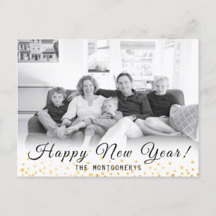 Happy New Year Photo Gold Confetti 2024 Holiday Postcard