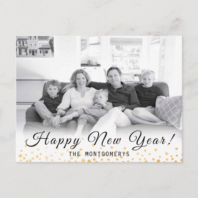 Happy New Year Photo Gold Confetti 2024 Holiday Postcard (Front)