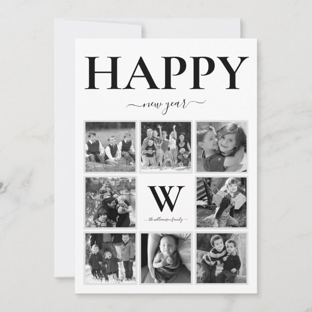 Happy New Year Photo Monogram Black & White Holiday Card (Front)