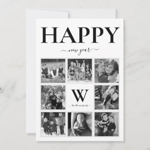 Happy New Year Photo Monogram Black & White Holiday Card