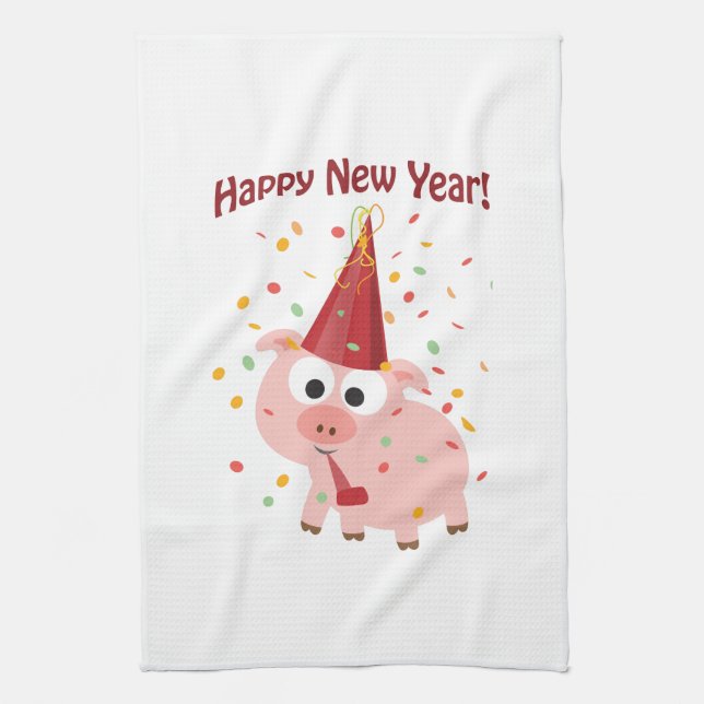 Happy New Year Pig Tea Towel (Vertical)