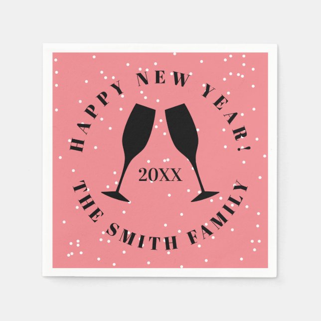 Happy New Year pink champagne flute cheers custom Napkin (Front)