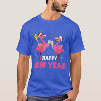 Happy New Year Pink Flamingo Drinking Wine Firewor T-Shirt
