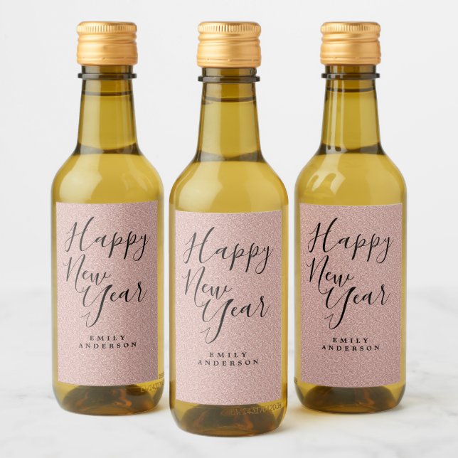 Happy New Year Pink Glitter Personalised Party Wine Label (Bottles)