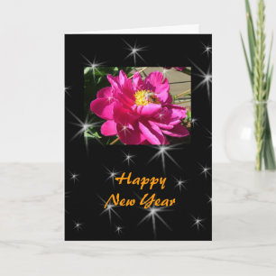 Happy New Year pink peony flower Holiday Card