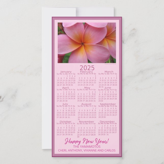 Happy New Year Pink Plumeria Flower 2025 Calendar  Holiday Card (Front)