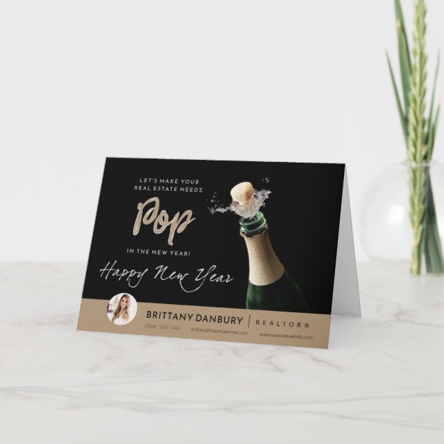 Happy New Year Pop The Fizz Real Estate Realtor Holiday Card (Front)