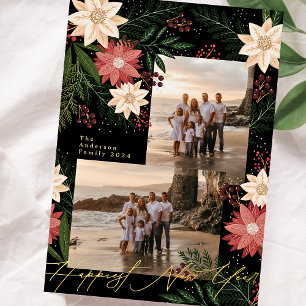Happy New Year Premium Onyx Poinsettia Photo Foil Holiday Card