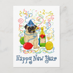 Happy New Year Pug Holiday Postcard