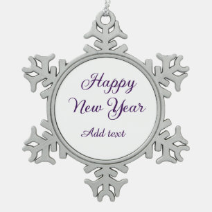 Happy new year purple calligraphy simple minimal snowflake pewter christmas ornament