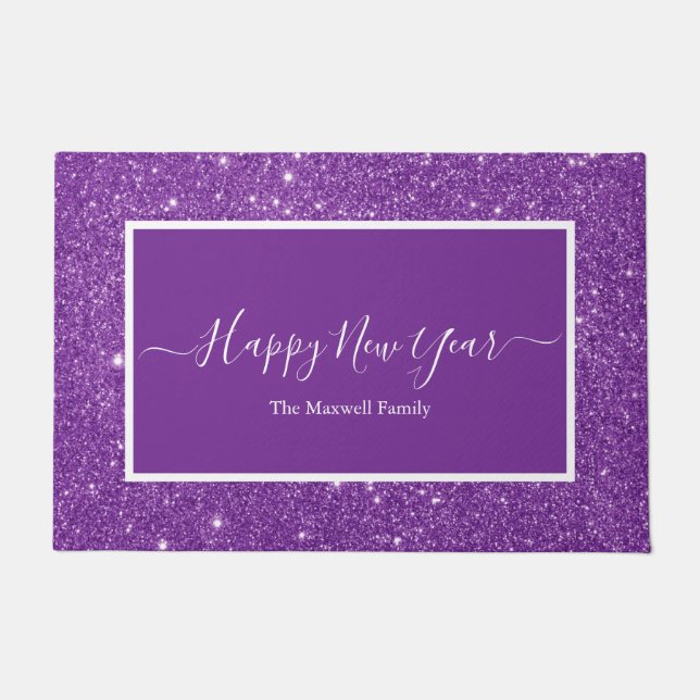 Happy New Year purple glitter script family name  Doormat (Front)