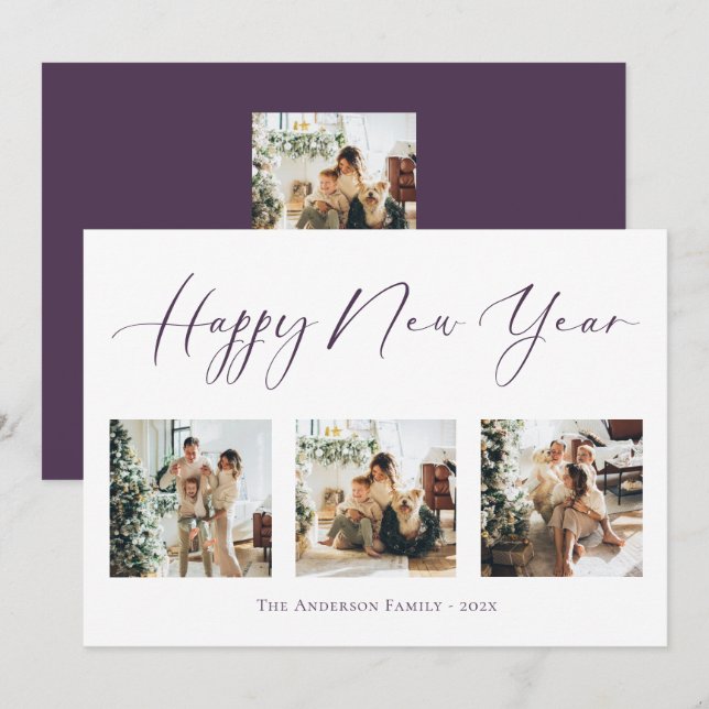 Happy New Year Purple Multi Photo Collage Holiday Card (Front/Back)