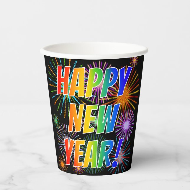 "HAPPY NEW YEAR!" Rainbow Text, Fireworks Pattern Paper Cups (Front)
