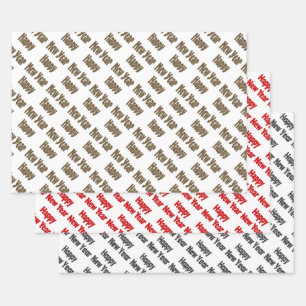 Happy New Year Red Black Yellow Text Wrapping Paper Sheet