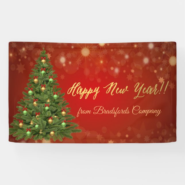 Happy New Year ,Red ,Christmas Tree Banner (Horizontal)
