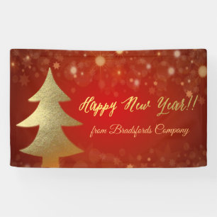 Happy New Year ,Red , Gold Christmas Tree Banner