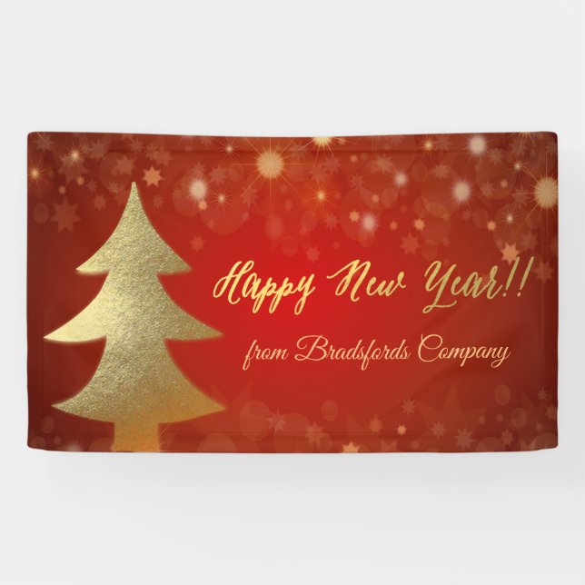 Happy New Year ,Red , Gold Christmas Tree Banner (Horizontal)