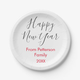 Happy new year red gra add family name year simple paper plate