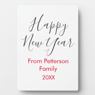 Happy new year red gra add family name year simple plaque