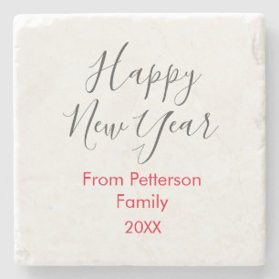 Happy new year red gra add family name year simple stone coaster
