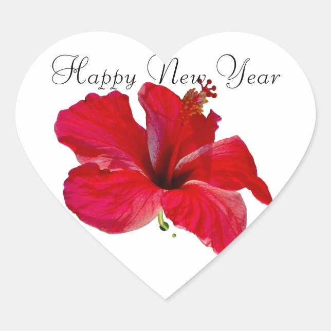 Happy New Year Red Hibiscus Heart Sticker (Front)