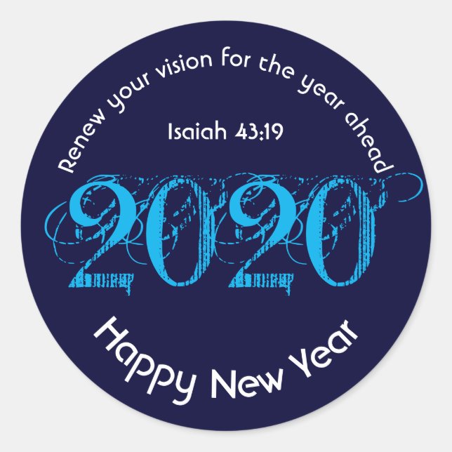Happy New Year RENEW VISION 2020 Stylish BLUE Classic Round Sticker (Front)