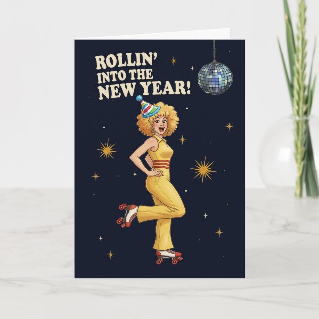 Happy New Year Retro Disco Roller Skating Woman  Holiday Card (Front)