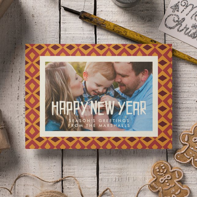 Happy New Year Retro mid century pattern photo Holiday Card (Creator Uploaded)
