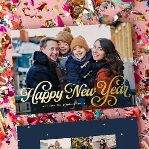 Happy New Year retro script four photo Foil Holiday Card