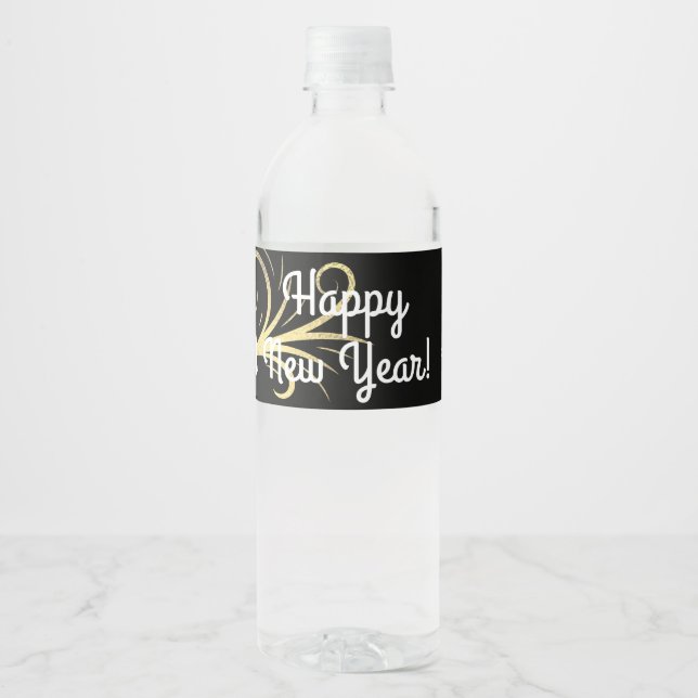 Happy New Year, Retro Sparkling Wine Bottle Water Bottle Label (Front)