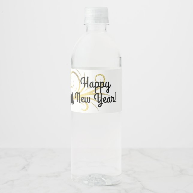 Happy New Year, Retro Sparkling Wine Bottle Water Bottle Label (Front)