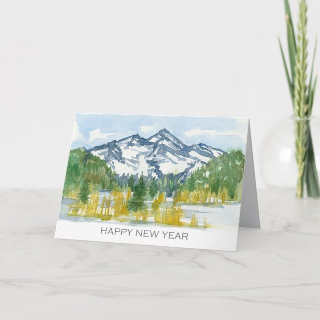 Happy New Year Rocky Mountains Winter Watercolor Card (Front)