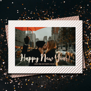  Happy New Year Rose Gold Pinstripe Foil Holiday Card