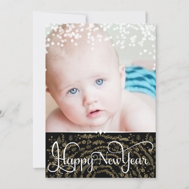 Happy New Year Rustic Wood Sparkle Stars Christmas Holiday Card (Front)