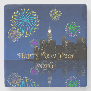 Happy New Year’s Eve Midnight Fireworks City Light Stone Coaster