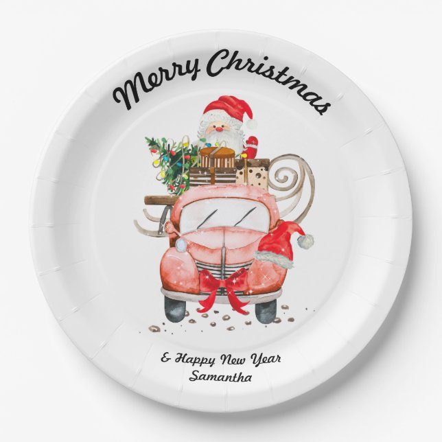 Happy new year Santa truck merry Christmas Paper Plate (Front)