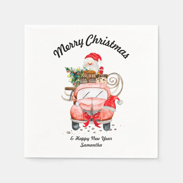 Happy new year Santa truck merry Christmas party Napkin (Front)