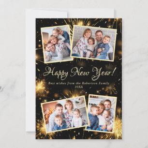 Happy New Year Script 4 Photo Black Fireworks Holiday Card
